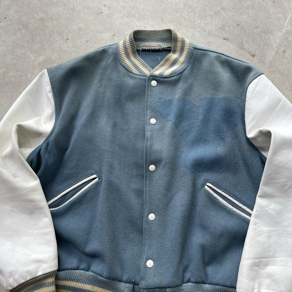 Vintage 60s Butwin Varsity Jacket Mens XL White Baby Blue Wool Leather Bomber - Picture 2 of 9